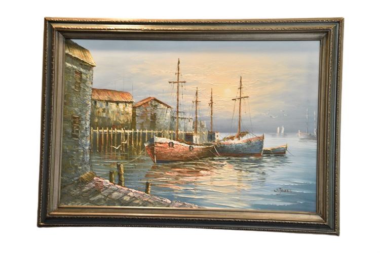 Framed Harbor Scene Signed W. Jones