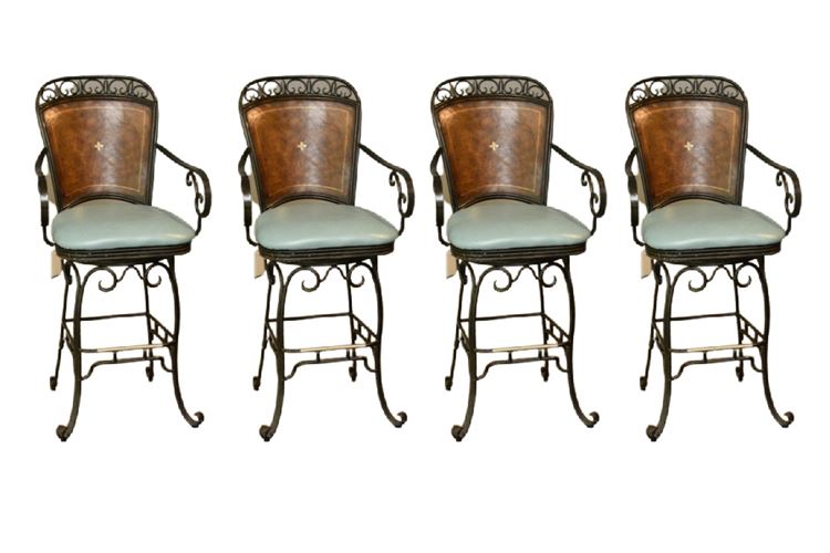 Four (4) Scrolled Metal Leather Back Stools