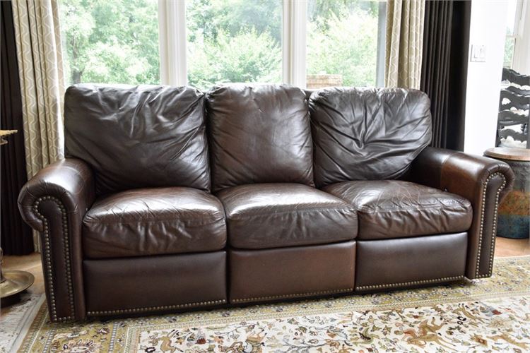 Brown Leather Rolled Arm Recliner Sofa With Tack Trim