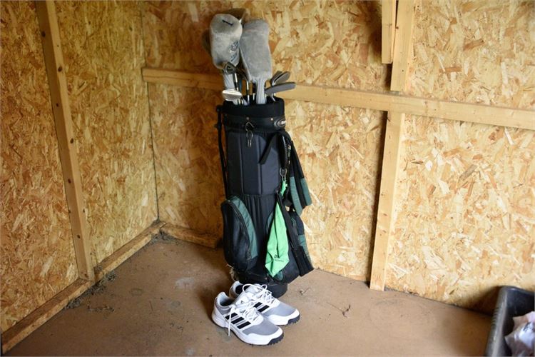 Golf Bag With Golf Clubs and ADDIAS Sneakers