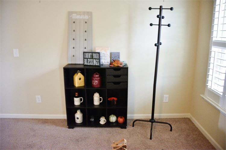 Shelf and Coat Rack With RAE Dunn Collectibles