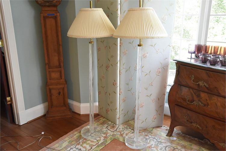 Two (2) Lucite Floor Lamps With Pleated Shades