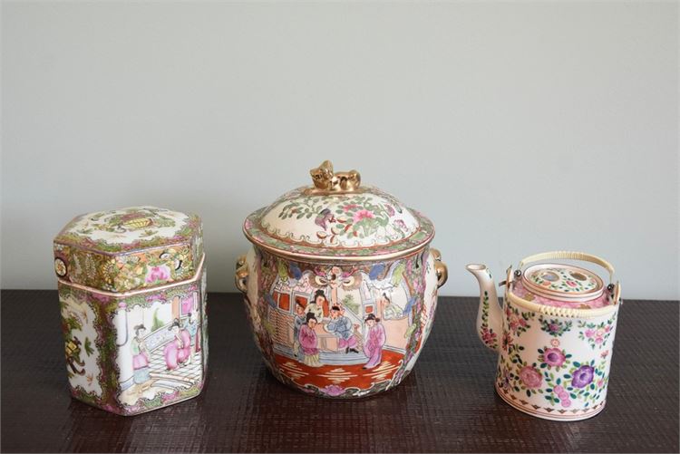 Two (2) Asian Porcelain Lidded Containers and Teapot