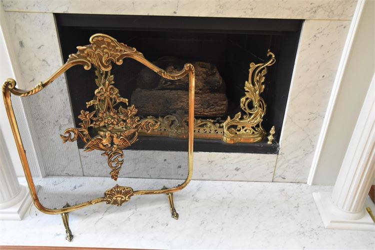 Ornate Brass Fire Screen and Fireplace Fender