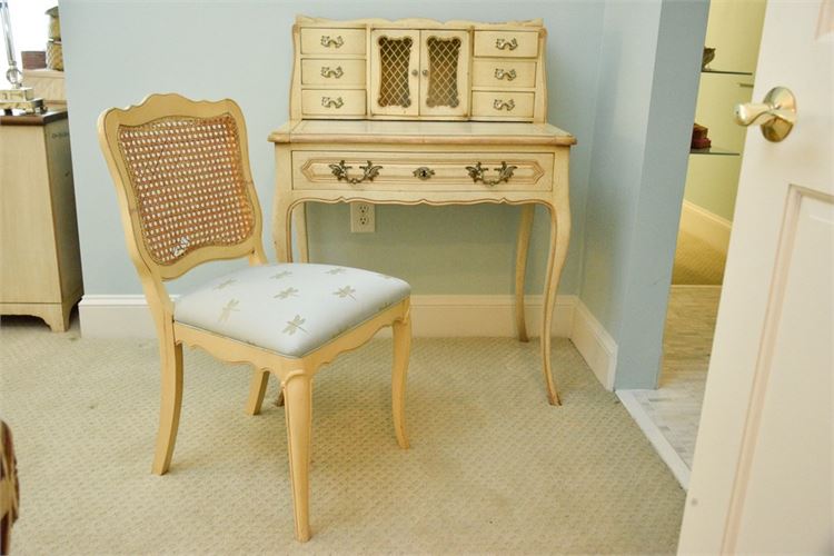 Painted Desk and Cane Back Chair With Upholstered Seat