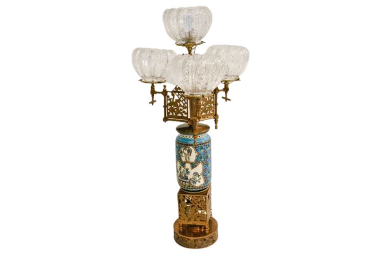 Antique Brass and Porcelain Table Lamp With Glass Shades