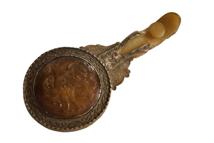 Carved Stone and Brass Hand Mirror