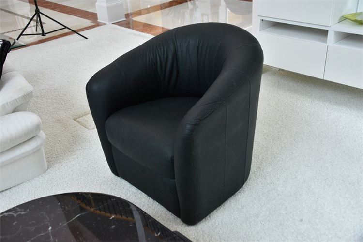 Black Leather Round Back Swivel Armchair
