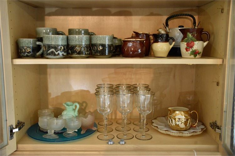 Group Various Pottery Dishes and Stemware