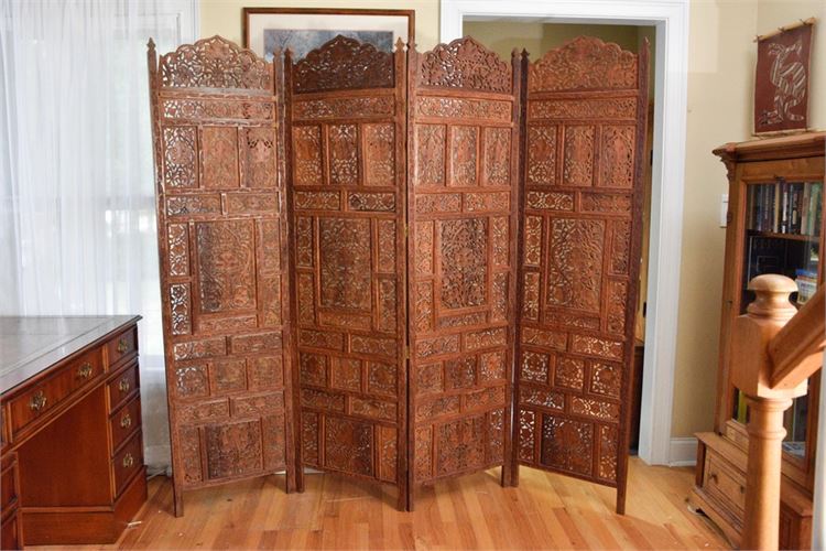 Carved Indian Teak Wood Four Panel Screen