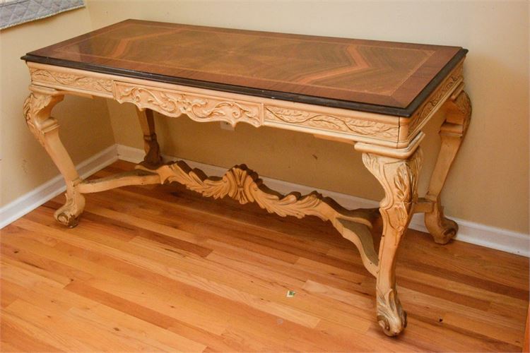 Carved and Painted One Drawer Console Table With Inlaid Detail Top