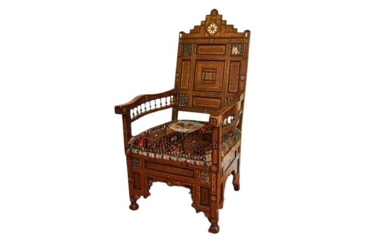 Ornately Decorated Asian Armchair With Upholstered Seat