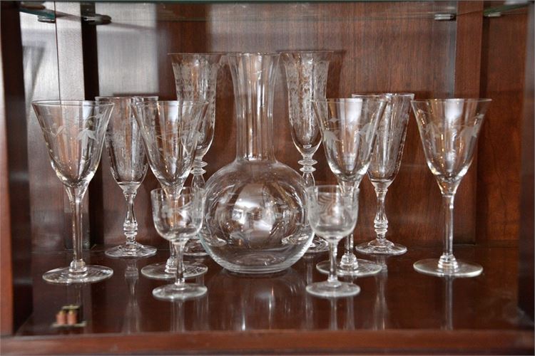 Group Floral Pattern Stemware With Matching Vase