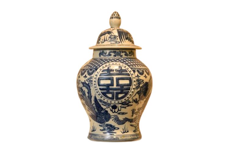 Blue and White Asian Urn with Lid