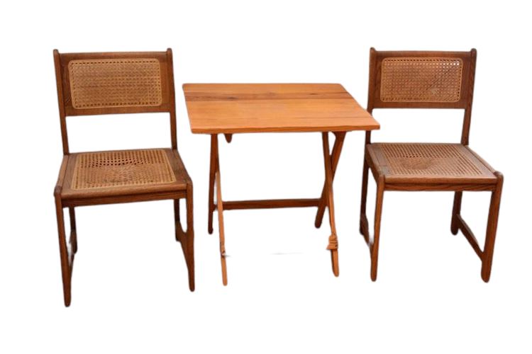 Two (2) Chairs With Cane Back and Seat With Wooden Folding Tray Table