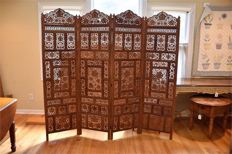 Carved Wood Four Panel Screen