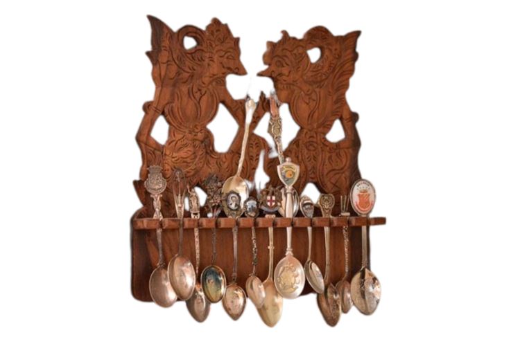 Collection Of Spoons With Carved Wood Holder