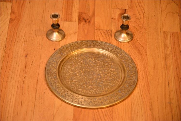 Vintage Brass Tray and Candle Holders