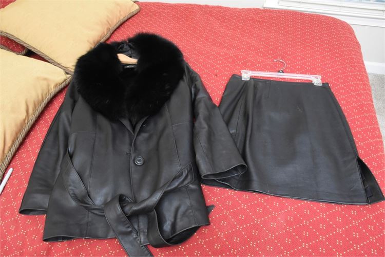 Women's Black Leather Fur Collar Jacket/ Skirt Set