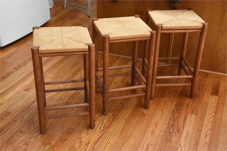 Three (3) Rush Seat Wooden Stools