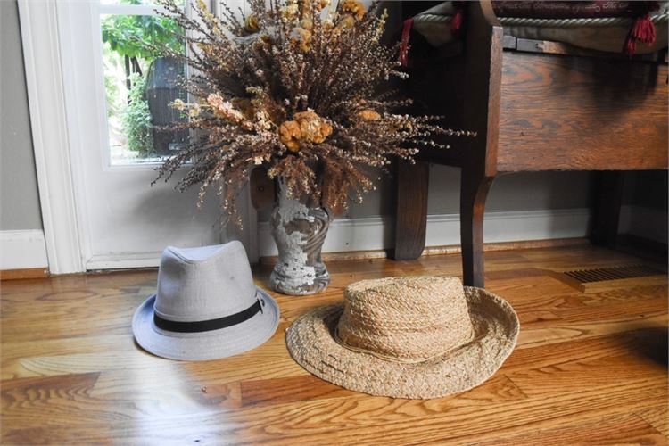 Two (2) Hats and Rustic Vase