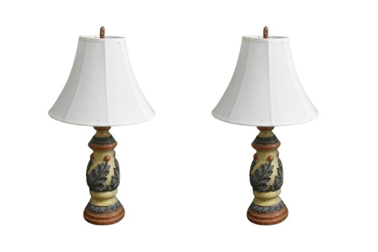 Pair Paint Decorated Table Lamps With Shades