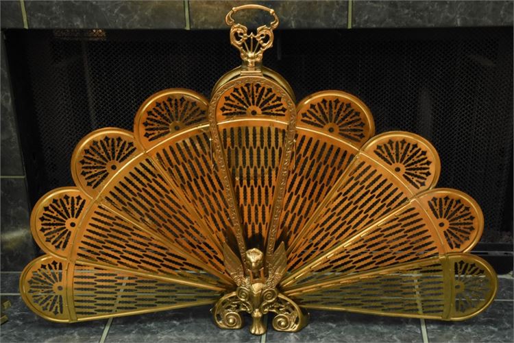 Peacock Style Victorian Brass Fanning Fireplace Screen & Winged Gargoyle