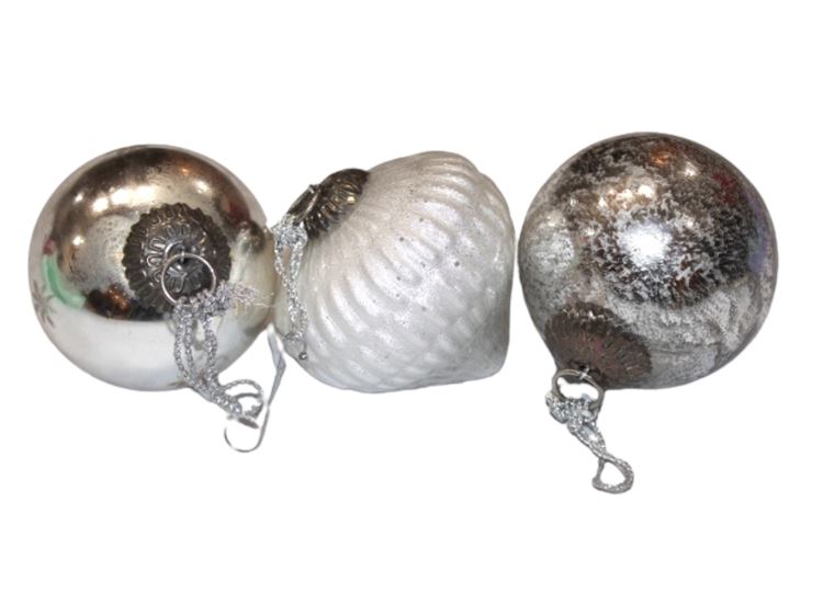 Three KUGEL Mercury Glass Ornaments with Brass Fittings