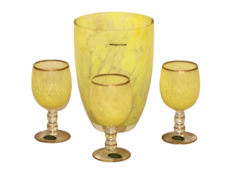 Cristallerie Italiane 24K Gold Trim Goblets and Poland Glass Art Vase, 4Pc