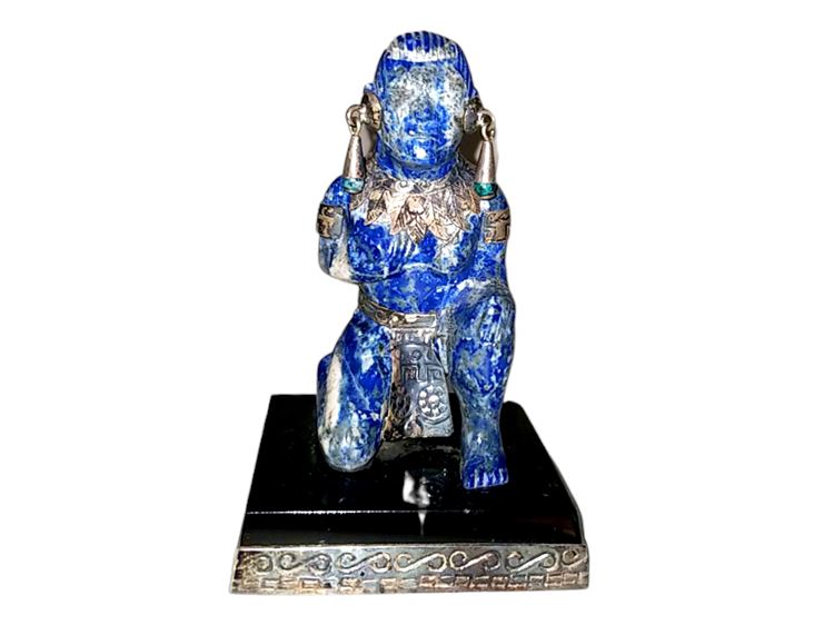 Lapis Lazuli Natural Blue & Sterling Carved Statuette with Gemstones