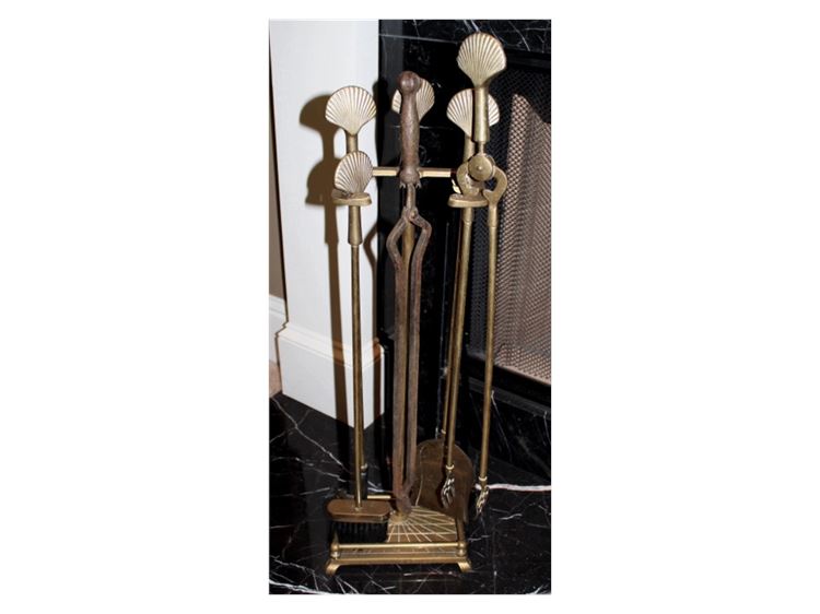 Solid Brass Clam Shell Fireplace Tool Set, 6 Pc