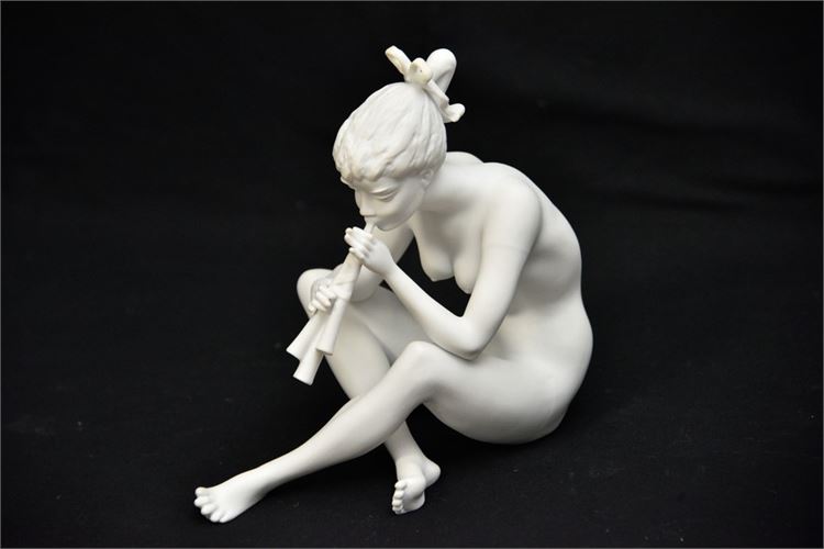 Porcelain Figure of Mythological Nude Nymph Playing Flute