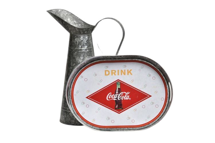 Vintage Coca Cola Galvanized Steel Tray and Pitcher