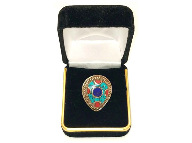 Navajo Coral Turquoise and Lapis Lazuli Inlay Sterling Silver Ring