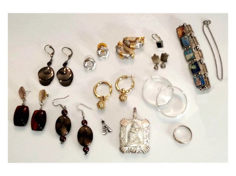 Group, Vintage Jewelry, 22 Pc -Bakelite Dangle Earrings, 925 Ring, Chrome...