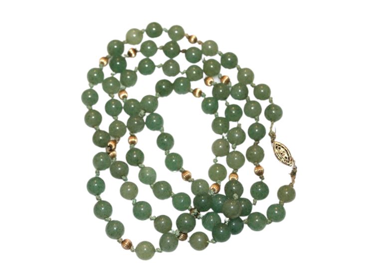 Green Nephrite Jade Bead & Gold Knotted Opera Necklace