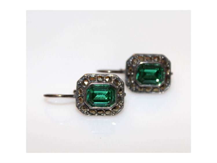 Antique Pair Italian Sterling Emerald Rhinestone Marcasite Earrings