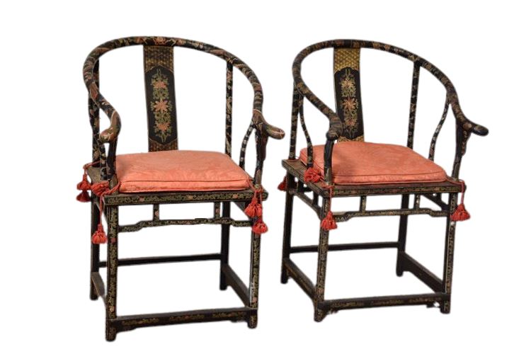 Pair Chinese Black Lacquered Bow Back Armchair