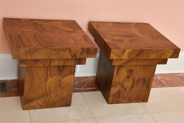 Pair Walnut Look Laminate Pedestal Table
