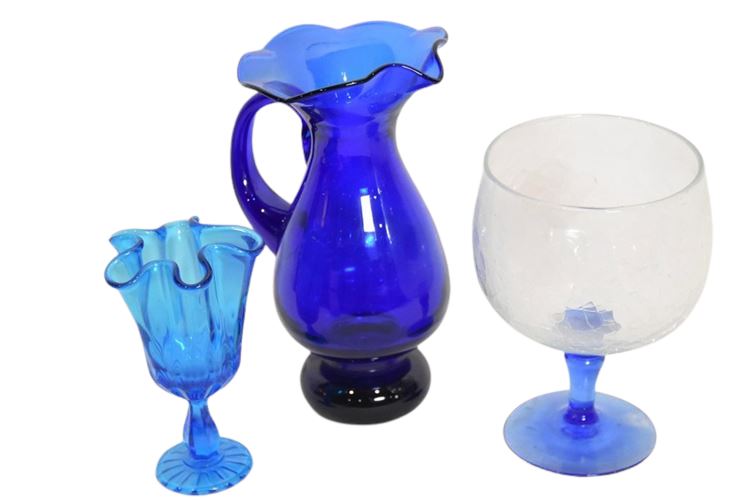 Three (3) Blue Glass Objects