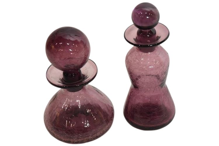 Two (2) Purple Crackle Glass Decanters Possibly Blenko