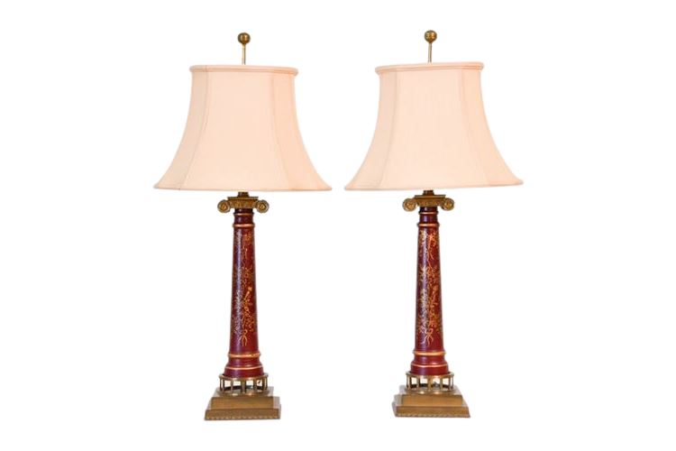 Pair Paint Decorated Column Form Lamps With Shades