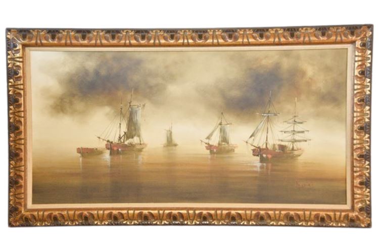 Framed Artwork Depicting Ships at Sea