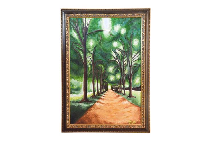 Framed Artwork Depicting A Tree Lined Path Signed Kim Sapp