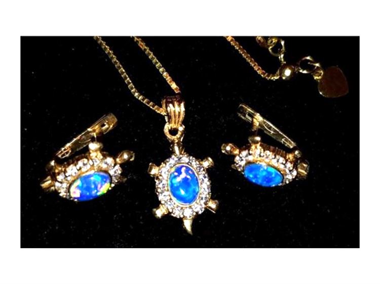 14K Yellow Gold Australian Opal Diamond Turtle Pendant Necklace & Earrings, 4 Pc
