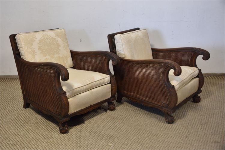 Pair Cane Back and Side Upholstered Armchairs