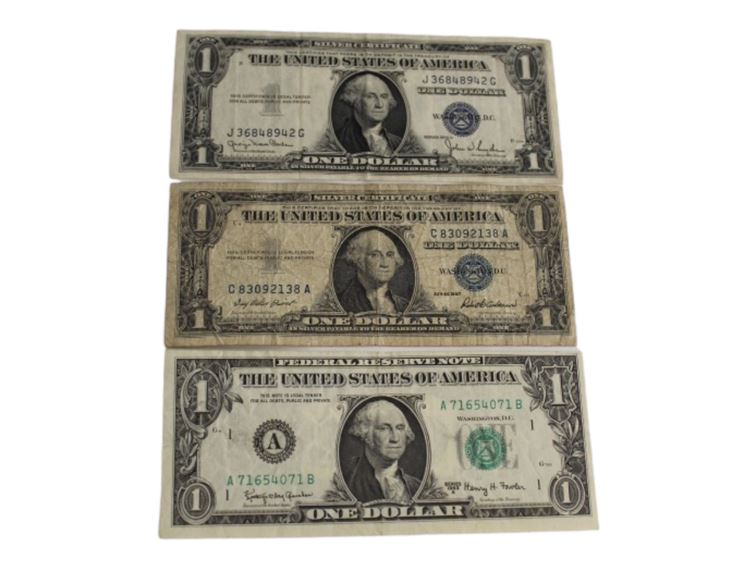 Series 1963 A Federal Rsv, 1935 D and 1957 Silver Certificate Dollar Bills, 3 Pc