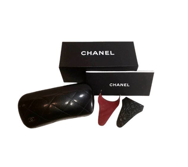 CHANEL "CC" Quilted Leather Sunglass Case and Pair Black/Red Sun Shields