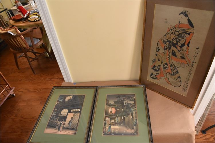 Original Watercolor and Two Japanese Wood Block Prints, All Framed