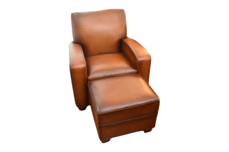 Restoration Hardware Brown Leather Calf Skin Chair and Ottoman)